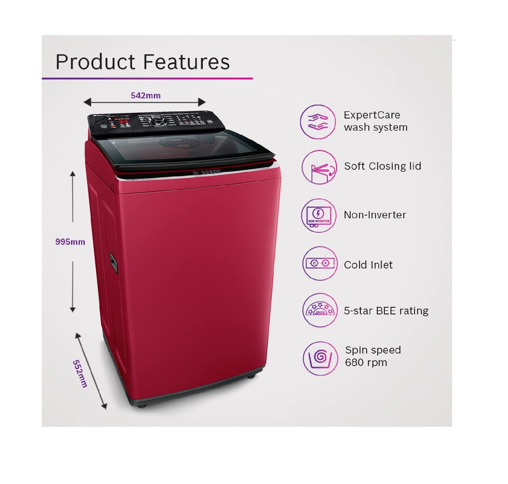 Bosch WOE753M0IN 7.5 Kg 5 Star Fully Automatic Top Load Washing Machine, Maroon