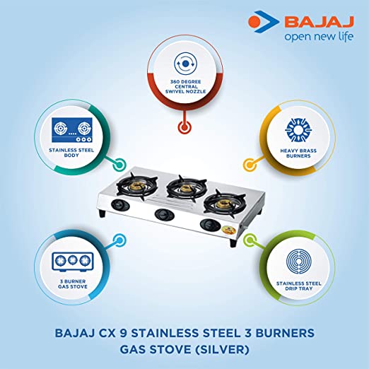 Bajaj CX9 Stainless Steel, 3-Burner Gas Stove, Silver