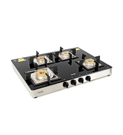 Glen 1048 SQ GT 4 Burner Glass Cooktop with Forged Brass Burners